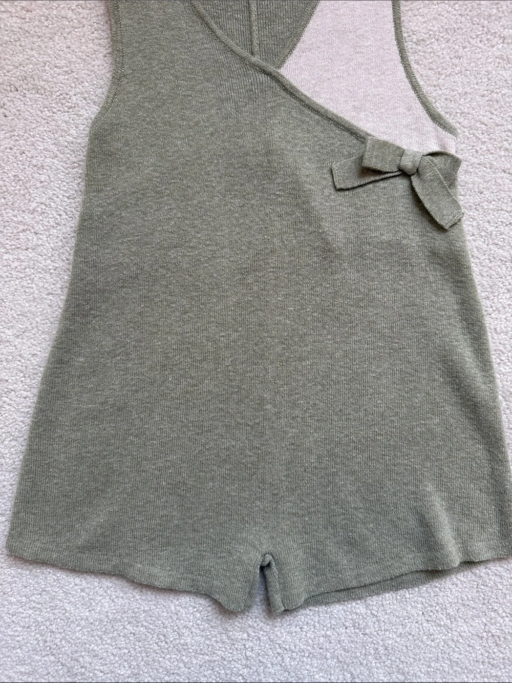 Zara Olive Green Knit Wrap-Style Romper with Cream Contrast and Bow